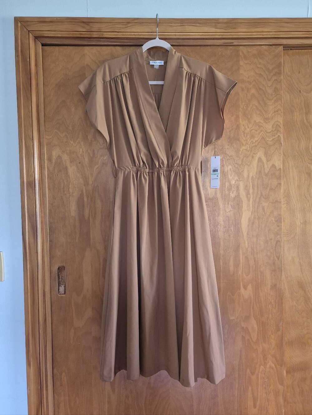 Calvin Klein Camel Brown Midi Wrap-Style Dress